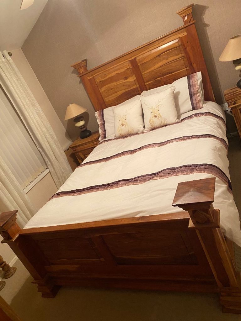 Spanish style double bed frame, wardrobe,chest of drawers & bedside drawers