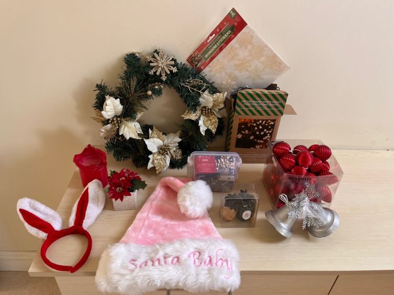 Christmas Decorations - Wreath, Lights, Santa Hat..