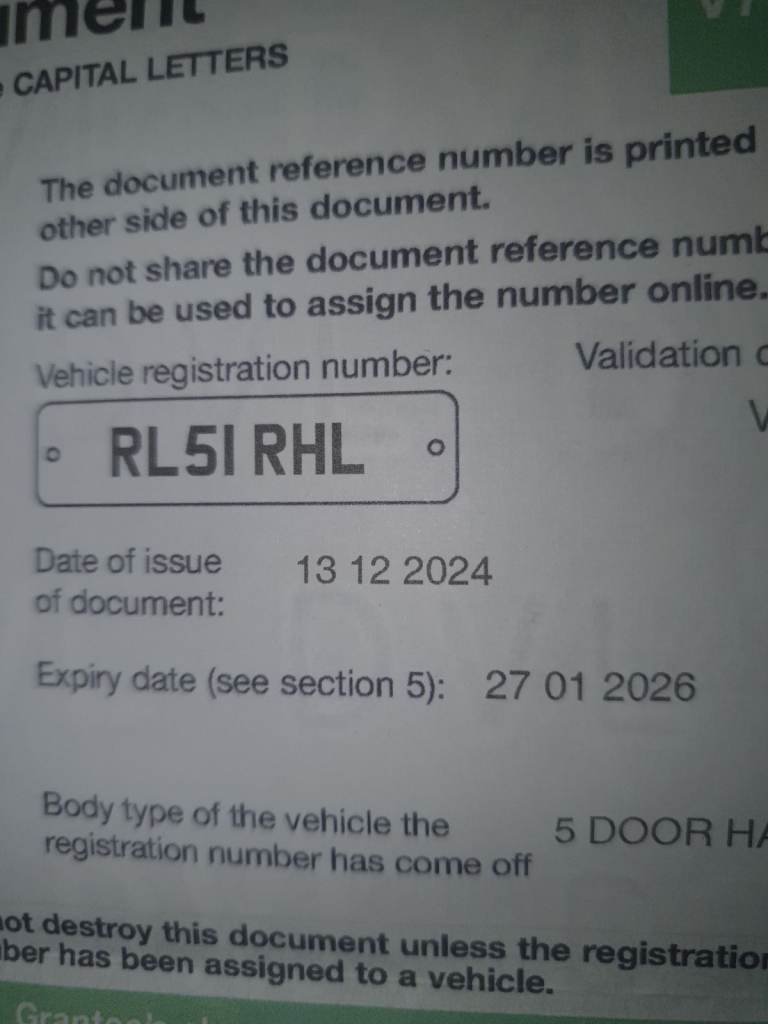 Cherishes number plate RL51RHL 