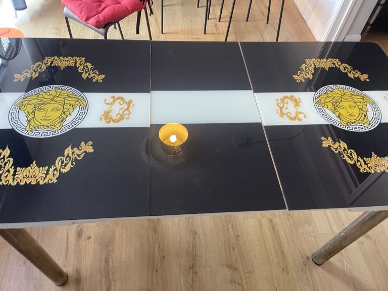 Extendable Black Glass Dining Table – Gold Medusa / Versace Style Design