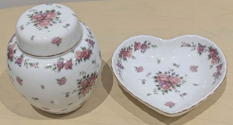 ST MICHAEL M&S 5982 FLORAL GINGER JAR LID & HEART SHAPED DISH MADE IN JAPAN 1989