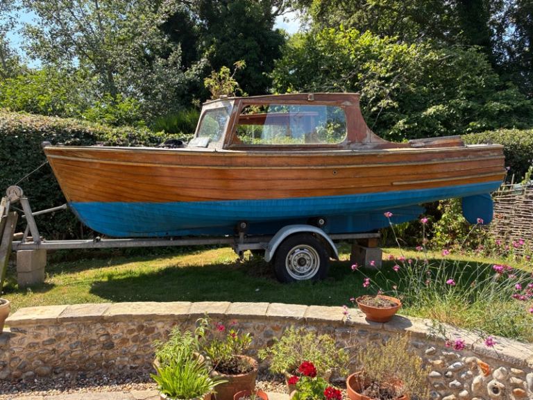 Billy May Launch Wooden Day Boat with Trailer – Fair Condition.