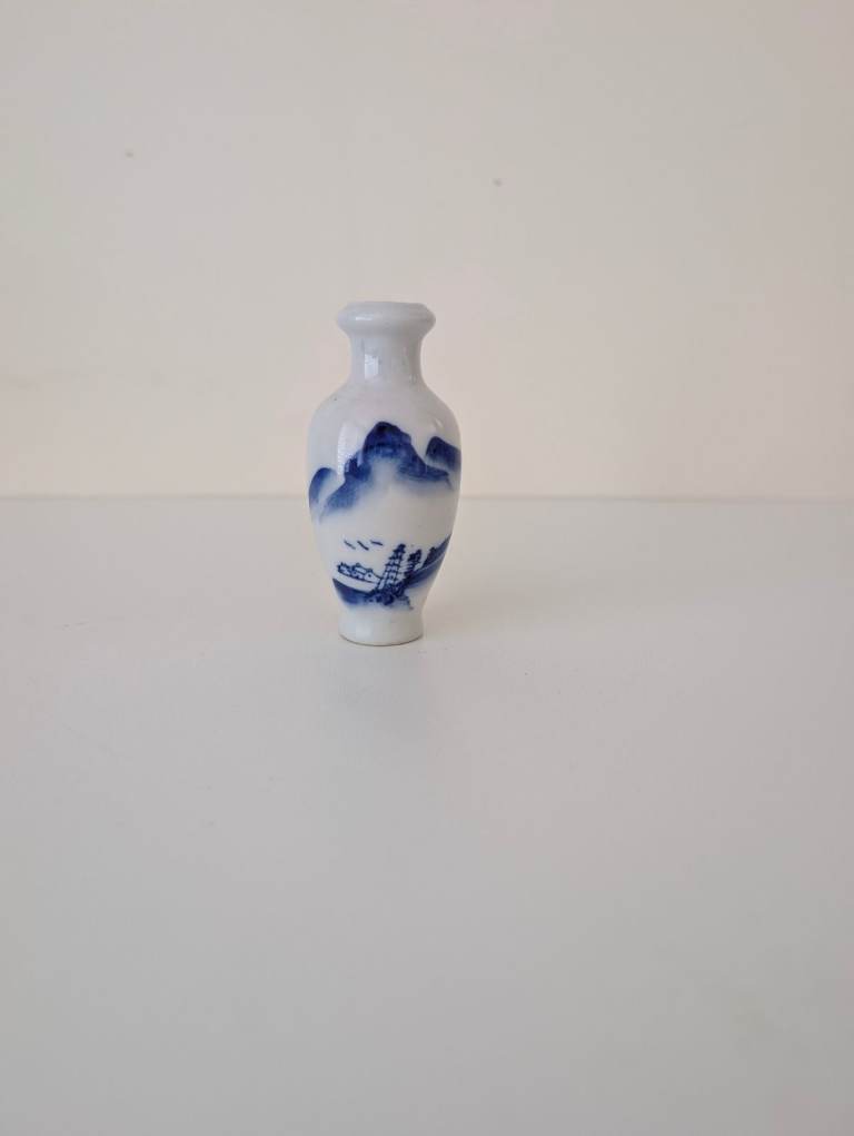 Vintage Miniature Blue & White Ceramic Bud Vase, Chinese Landscape Brush Painted