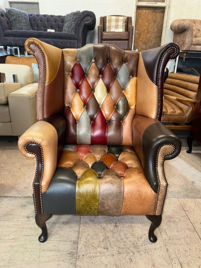 Chesterfield harlequin multicoloured real leather wingback chair