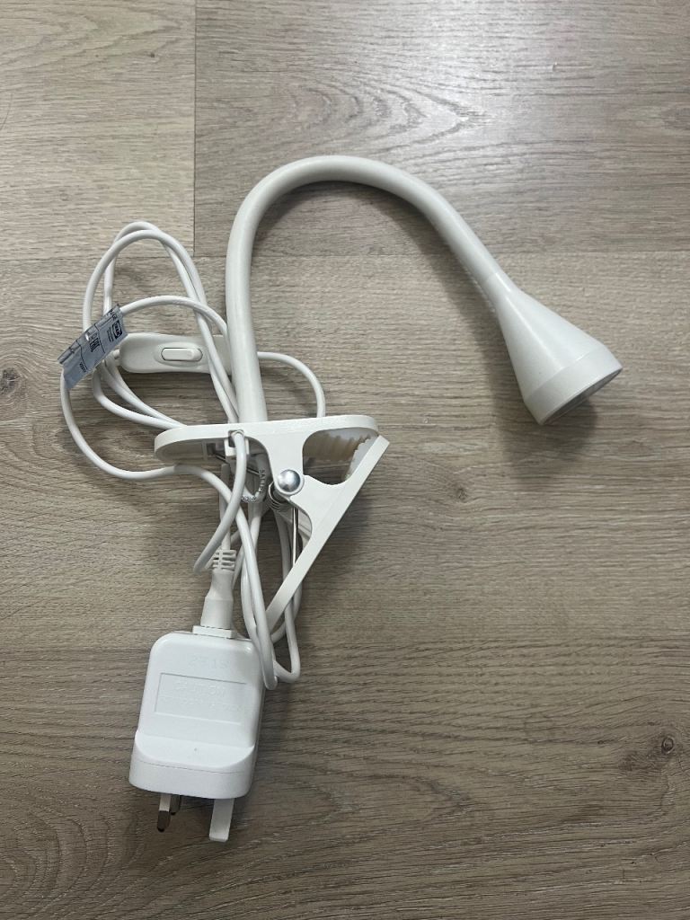 White Clip-On Desk Lamp with Flexible Neck – Good Condition