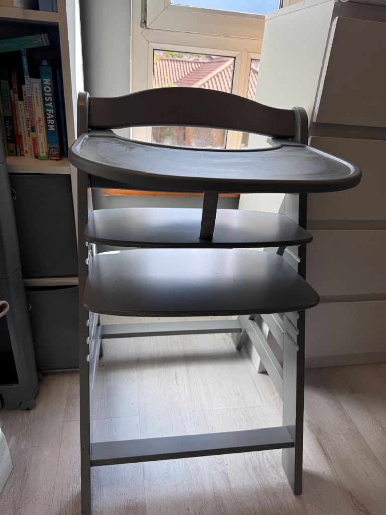 Hauck Grey Wooden High Chair with Tray and bouncer