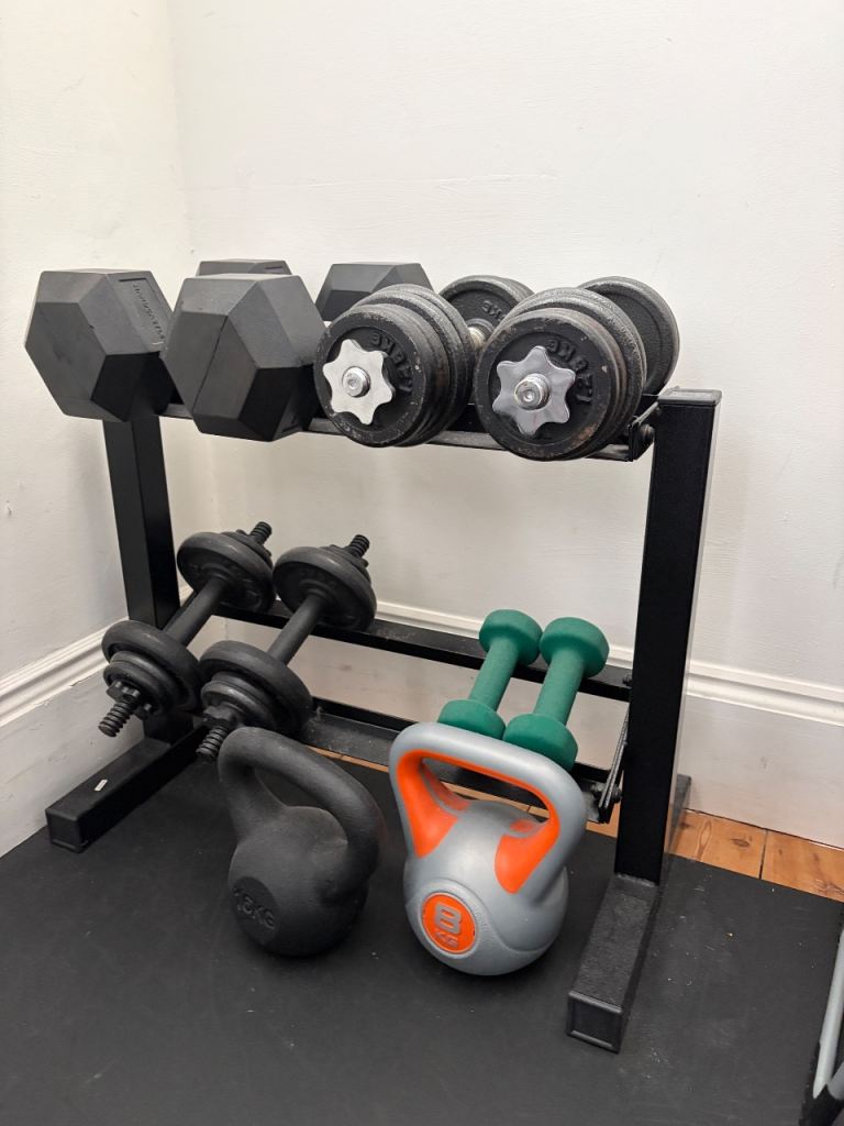 Dumbbell Set with Rack, Kettlebells and Smaller Dumbbells