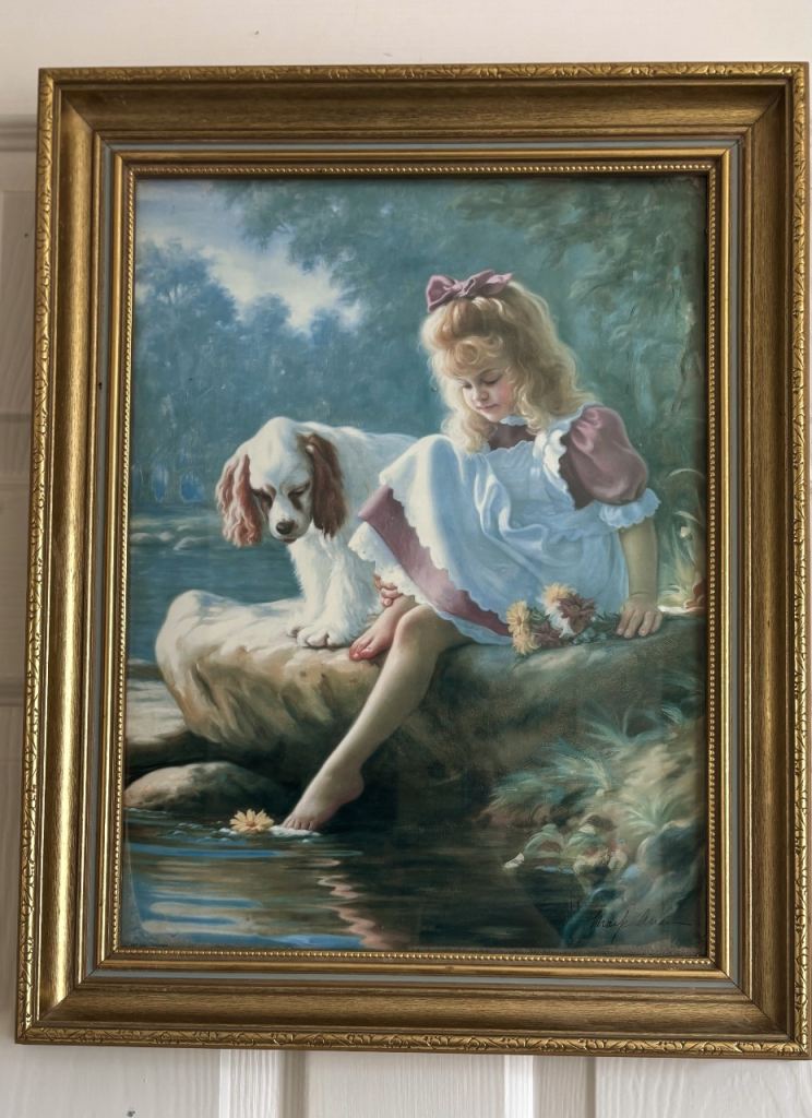 Vintage Framed Print of Girl and Dog by Water