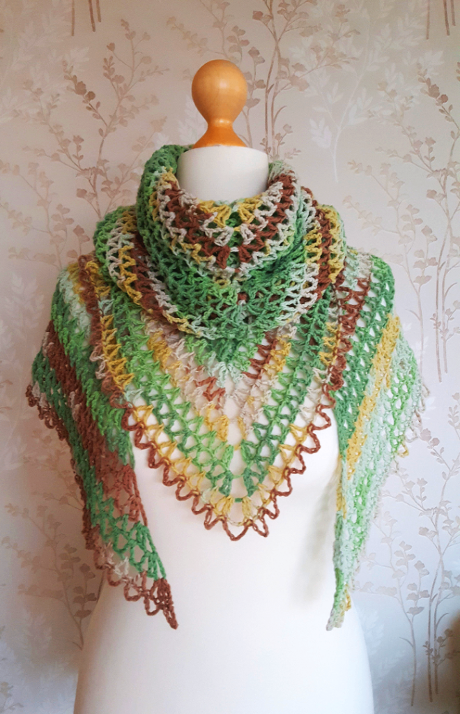 Triangular Shawl, Ombre Multicolour. Handmade Crochet Wrap. Variegated Knitted Gift Idea.