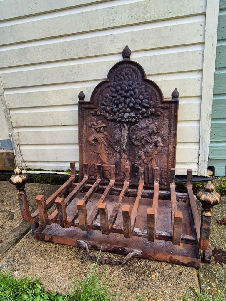 Lovely Old Cast Iron Fire Back with Detailed Tree Design and Figures