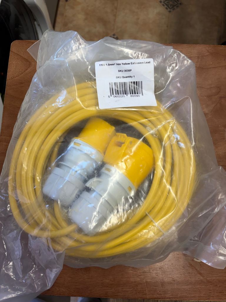 New 110V Yellow 14M Extension Lead – Unused