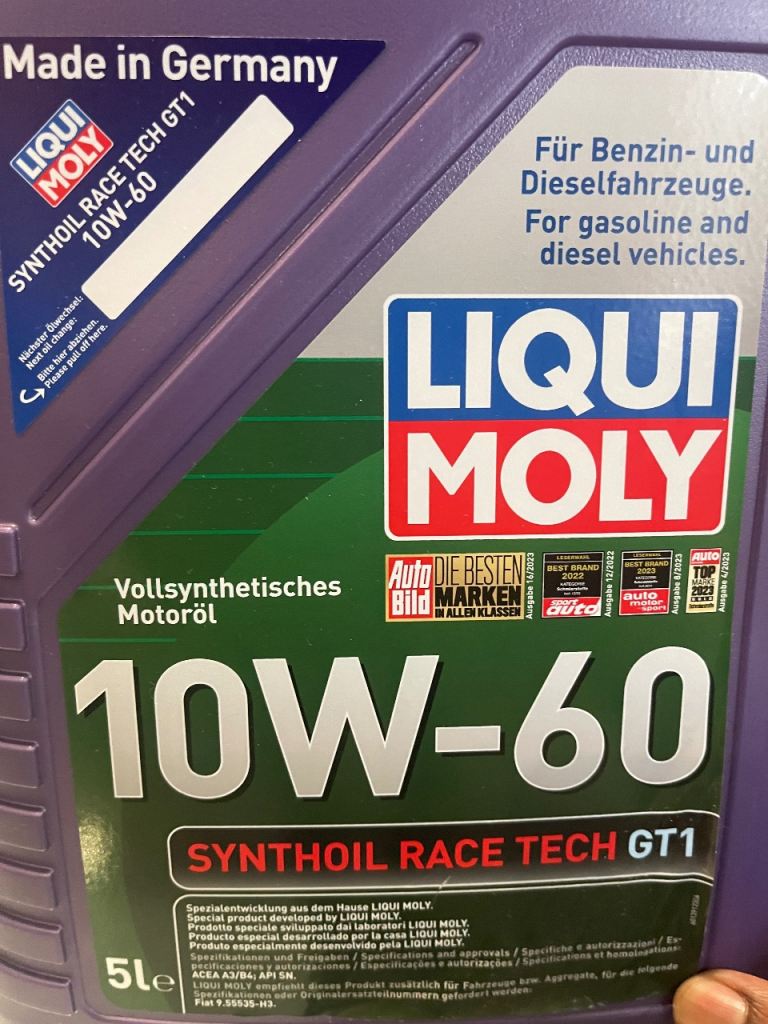 Engine oil- LIQUI MOLY 10W60 SYNTHOIL RACE TECH GT1 ENGINE OIL A3 B4 SN GERMANY 8909