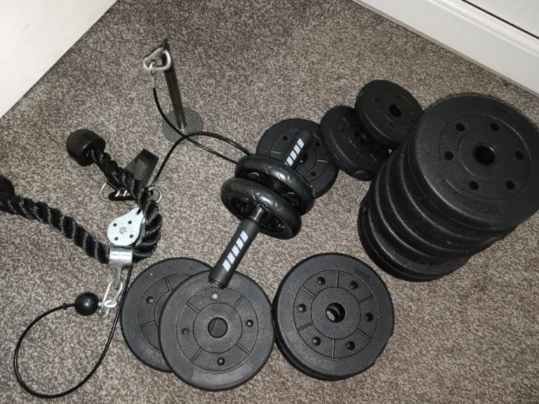 Weight Plates, Tricep Rope, Ab Roller – Home Gym Set