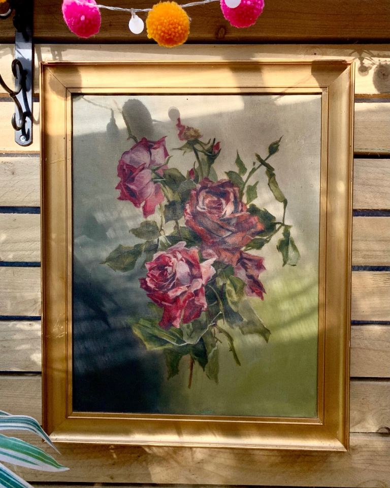 Antique Edwardian Oil on canvas original painting of red roses in gesso gilt frame c1910