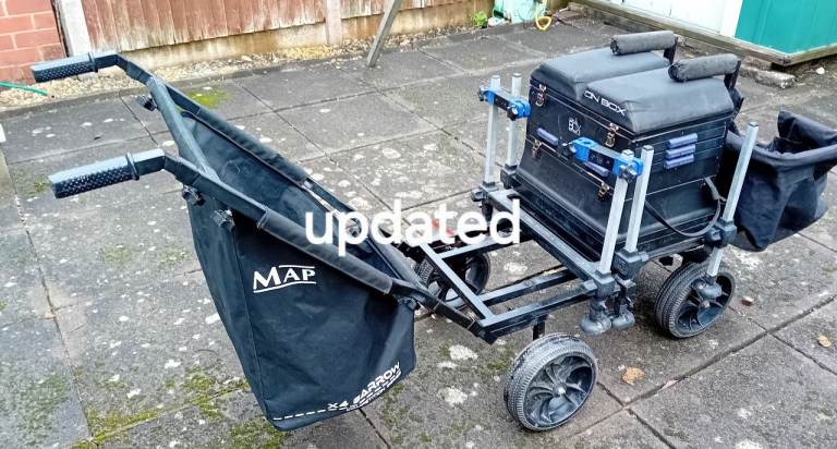 Map x4 fishing trolley and Preston on box seat 
