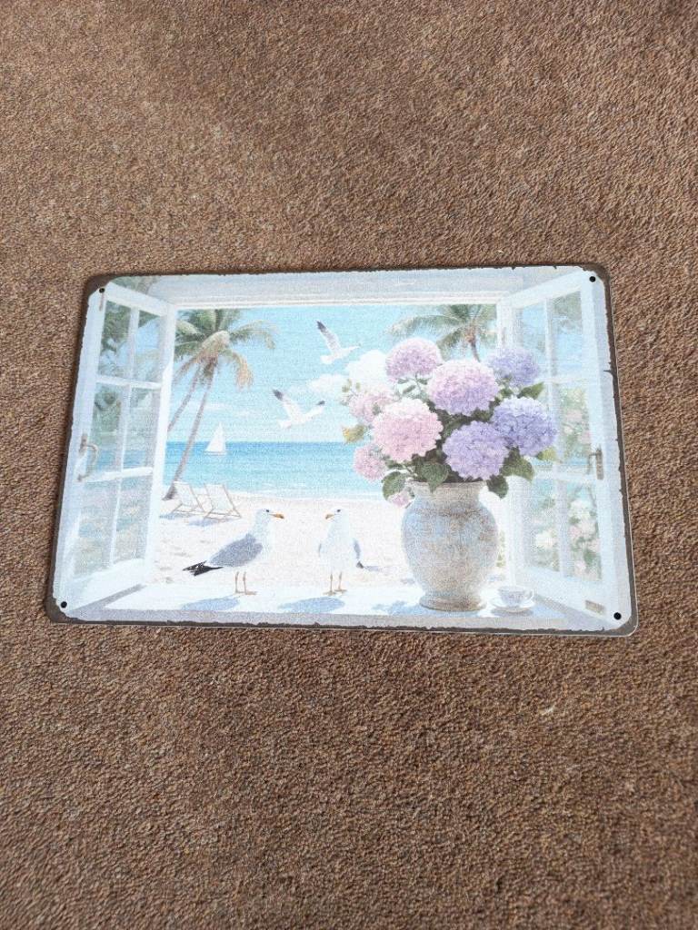 New Superdant window seascape seagulls tin sign.