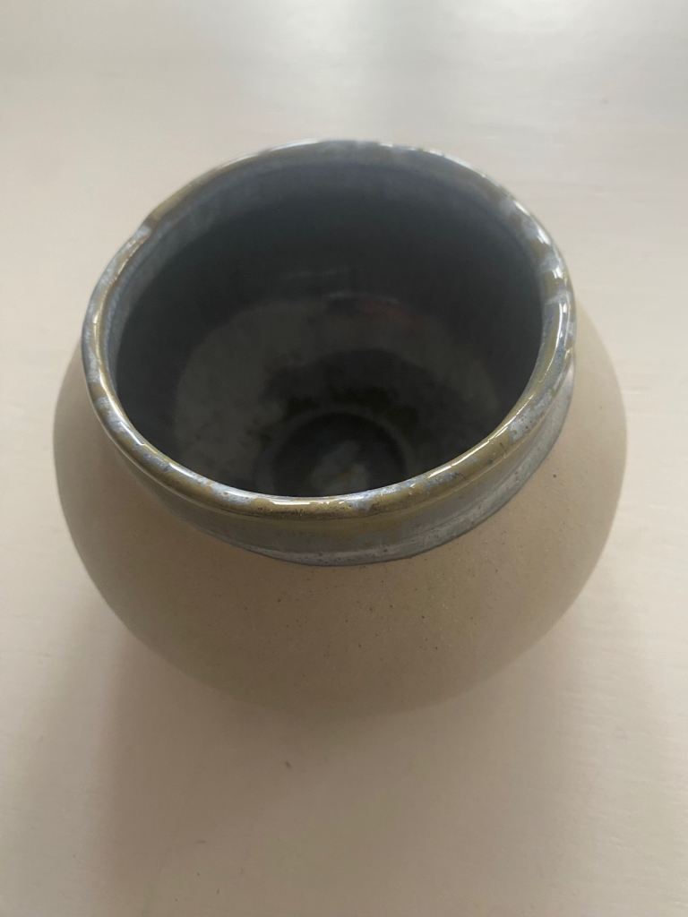 Handmade plant pot with non scratch padding , grey/ green 