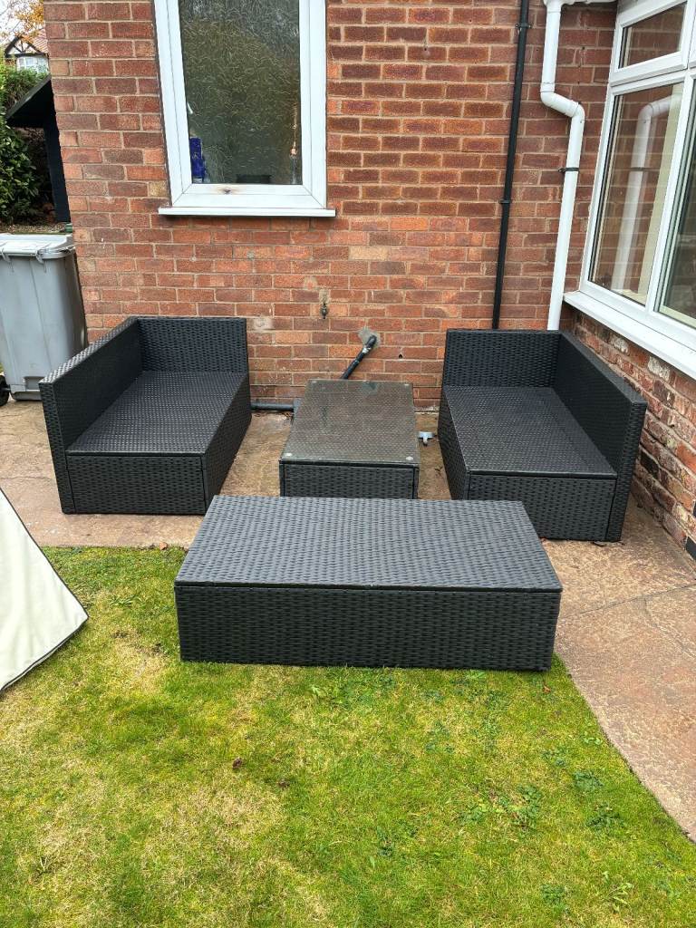 image for Grey Rattan Garden Furniture Seating Set 2x Matching 3 Seaters, Table/Glass + Footstool