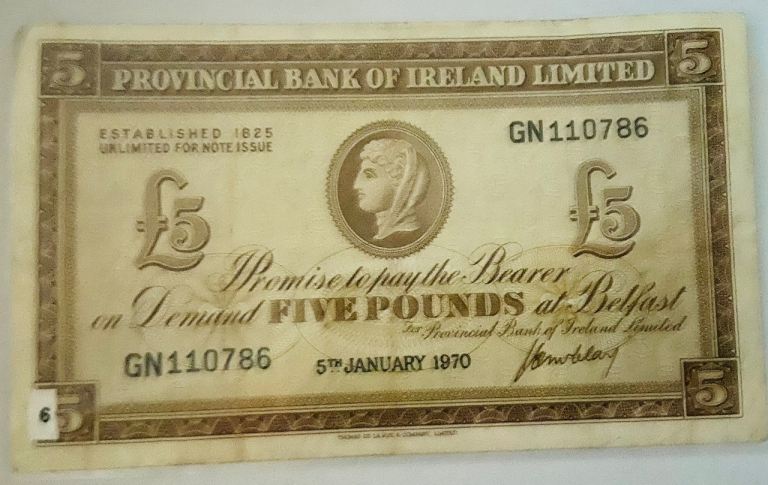 Vintage Provincial Bank of Ireland FIVE POUNDS Note 1970