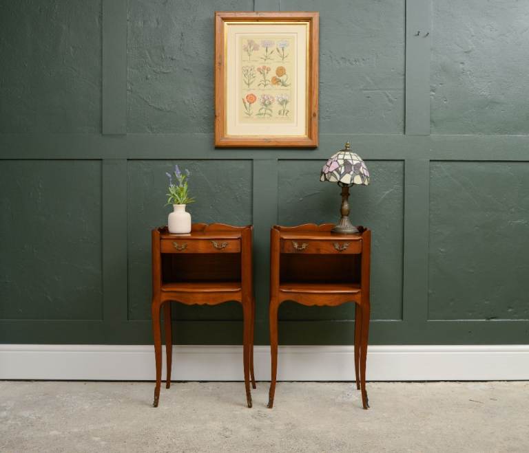 Vintage Pair French Bedside Tables - by Jean Laick - Cherry Wood