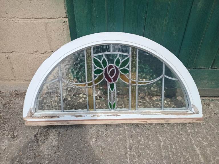 Arched Stained Glass Window Panel – Decorative, Fair Condition