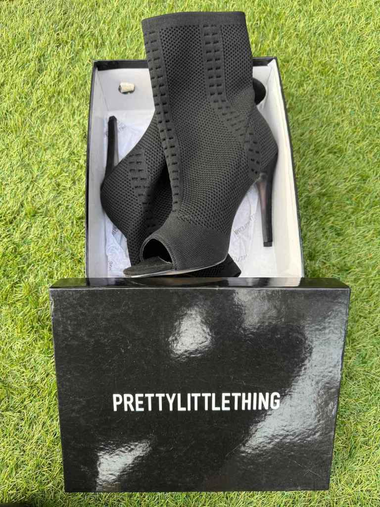 PRETTYLITTLETHING Black Knit Sock Peep Toe Stiletto Pull On Size UK 6
