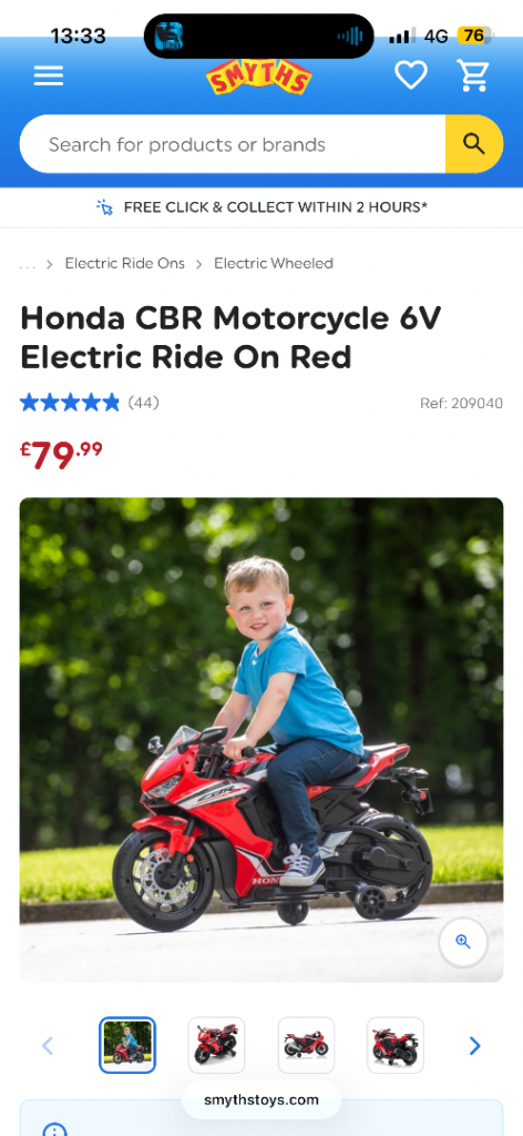 Honda CBR 6V Electric Ride-On Motorcycle - Red, Good Condition