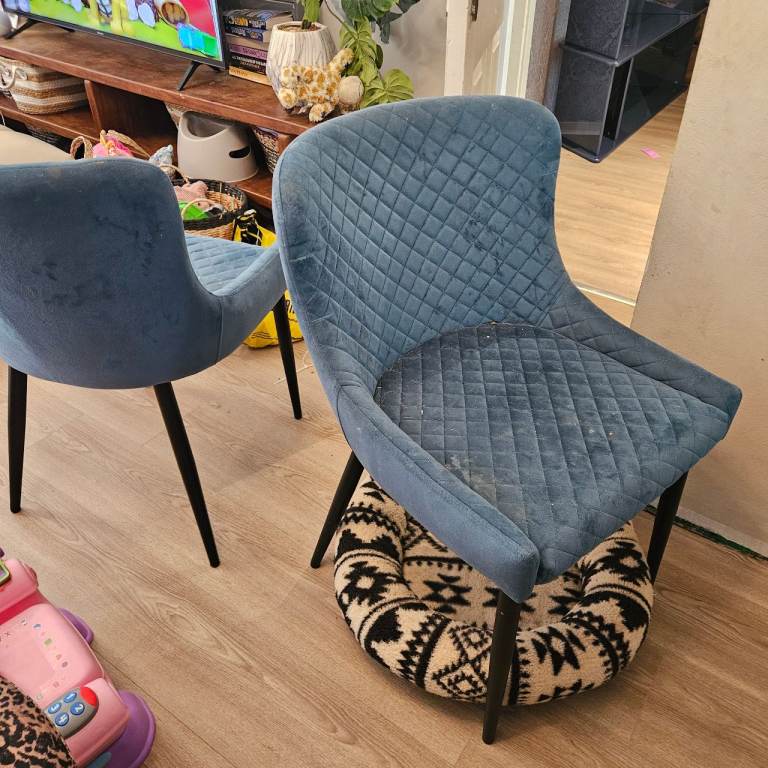 5 Blue Fabric Dining Chairs with Black Legs - Good Condition