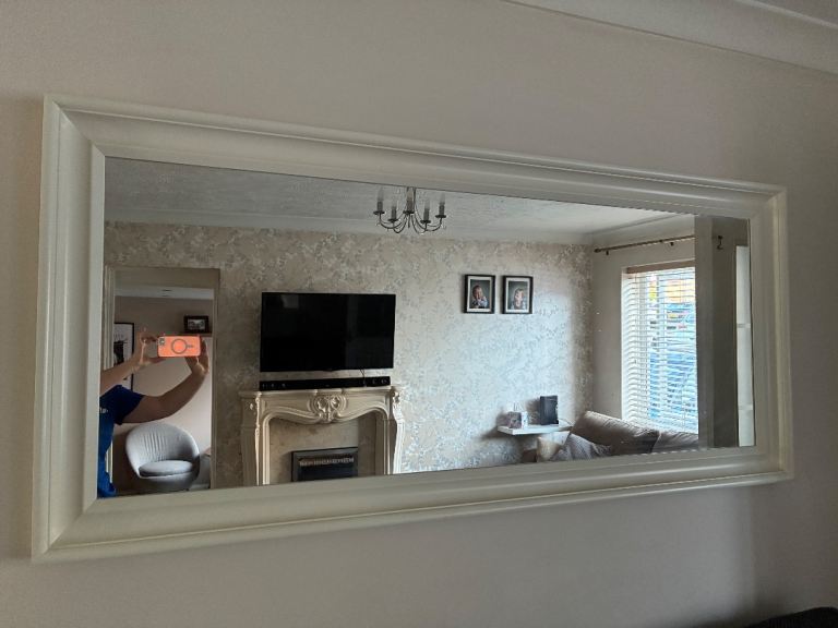 Large White Framed Wall Mirror – Good Condition