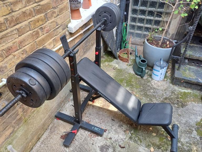 Decathlon Bench Press Fold with Barbell and Weights – Good Condition