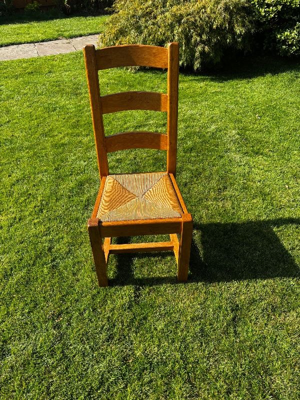 4 Solid Wood & Woven Rush Seat Dining Chairs – Good Condition