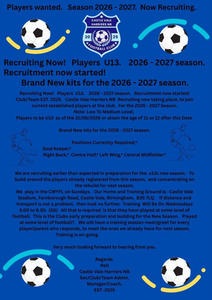 Players wanted.   Season 2026 - 2027.  Now Recruiting.