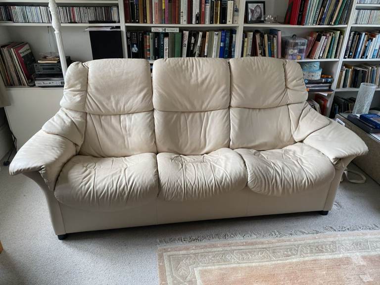 FREE - Cream Leather Three-Seater Sofa – Good Condition