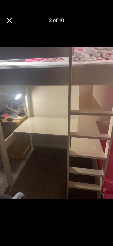 Stompa UNO high sleeper with desk, shelves and pink chair bed