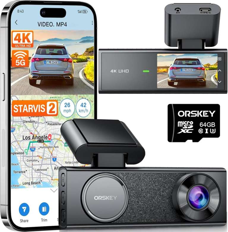 ORSKEY 4K Dash Cam STARVIS 2 64GB SD Card 5GHz WiFi GPS Parking Mode