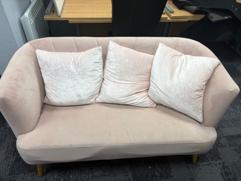 Pink Velvet Sofa with Cushions – Good Condition