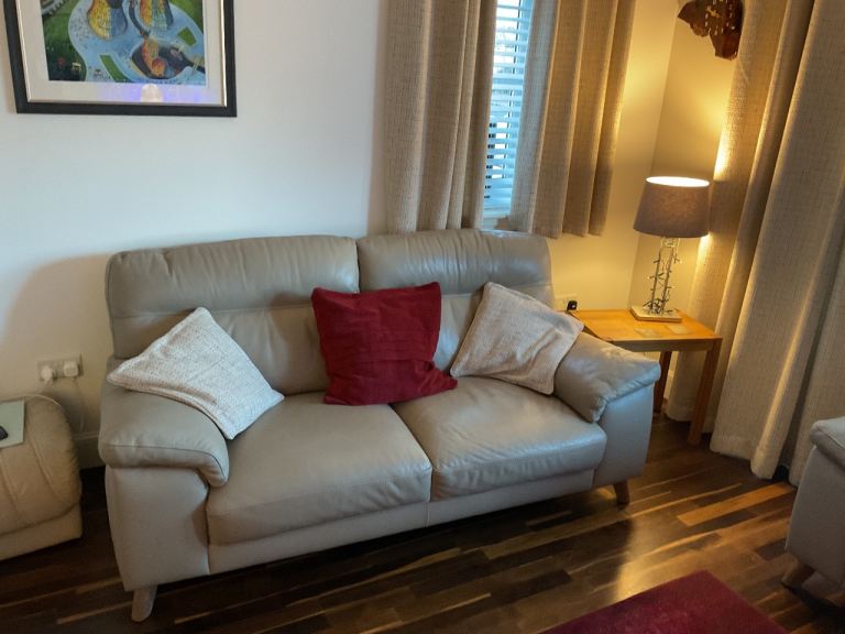 Leather suite,cushions, curtains and rug.