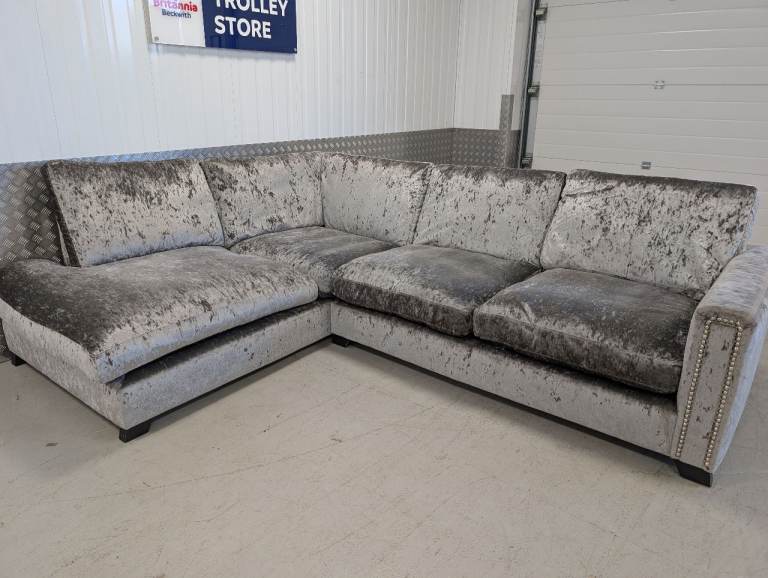 DFS Silver Crushed Velvet Large Corner Sofa - Good Condition - Delivery Available