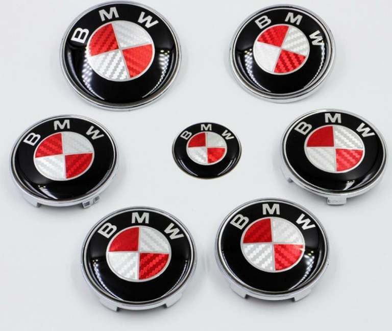 Bmw 7 piece set center caps bonnet boot steering badge sets can post - red white