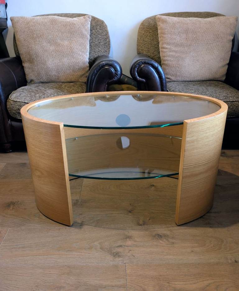 Modern Oval Wooden Coffee Table with Glass Top and Shelf