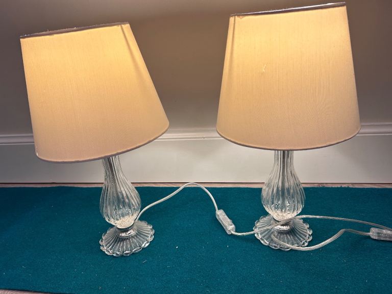 Pair of glass table lamps with matching shades