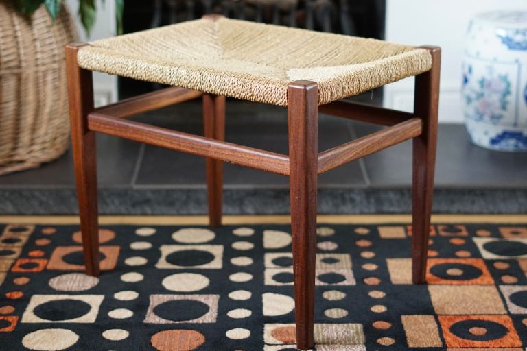 Mid Century Teak and Rush Stool 