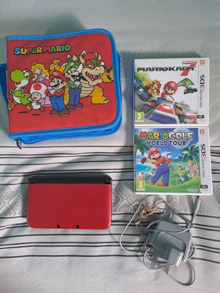 Nintendo 3DS XL Red with Super Mario Case and 2 Games