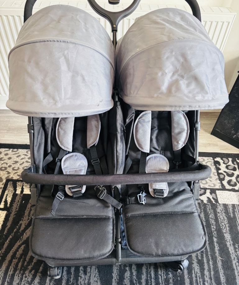 Bambisol - Double Side to Side Pushchair - For Twins from Birth - Ultra-Compact Folding - Black Grey
