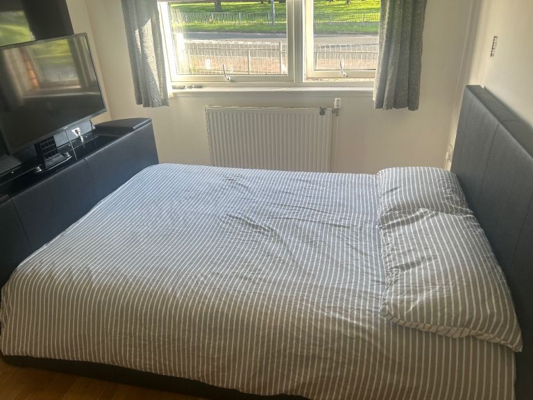 , Double black leather tv bed frame and Samsung tv