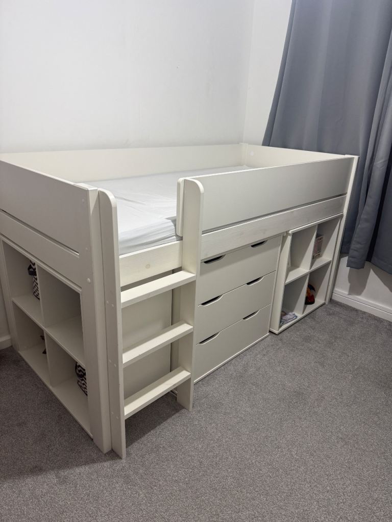 Mid Sleeper Bed Frame with Drawers, Desk and Storage, without mattress. 
