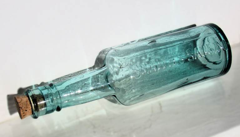 Antique 'Snaith's Saucine' Bottle Aqua Blue Glass Vintage Corked Bottle