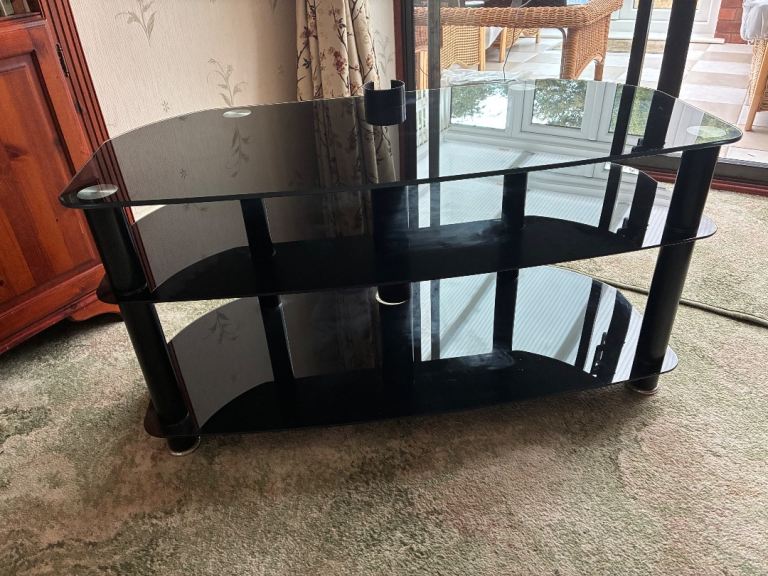 Black Glass TV Stand with Three Shelves – Good Condition