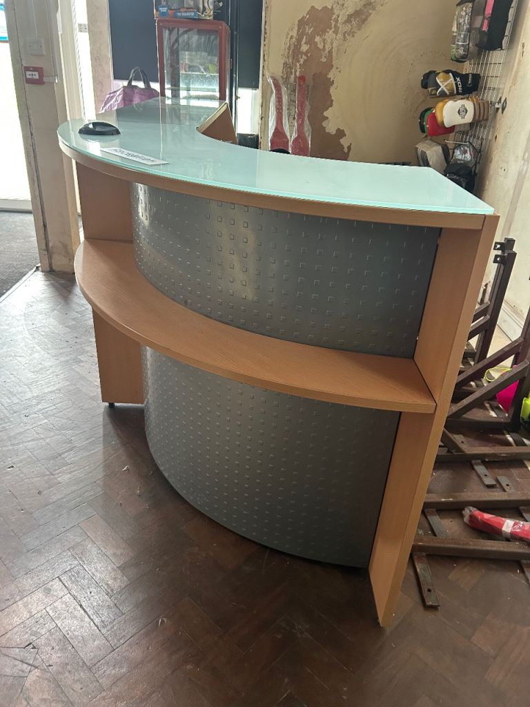 Large Wooden Reception Desk with Glass Top