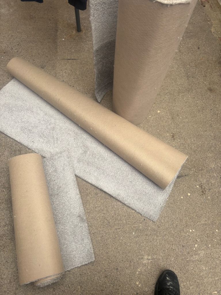 Silver carpet remnants x 3 , 0.75m x 5.00m , 1.45m x 1.25m , 1.85m x 0.60m new 